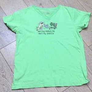 Pets woman’s  Teddy the Dog lime green tee shirt. Spring makes me wet my plants.